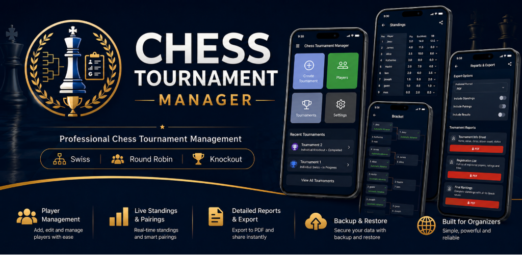 Chess Tournament Manager App Preview showing tournament brackets and standings