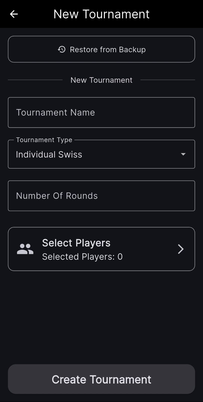 Create New Tournament Screen